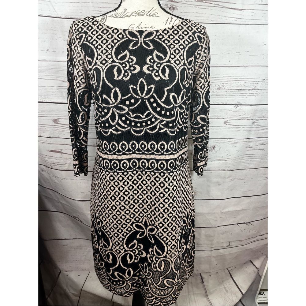 Anthropologie Black Cream Lace Geometric Floral 3/4 Sleeve Sheath Dress RN 54163